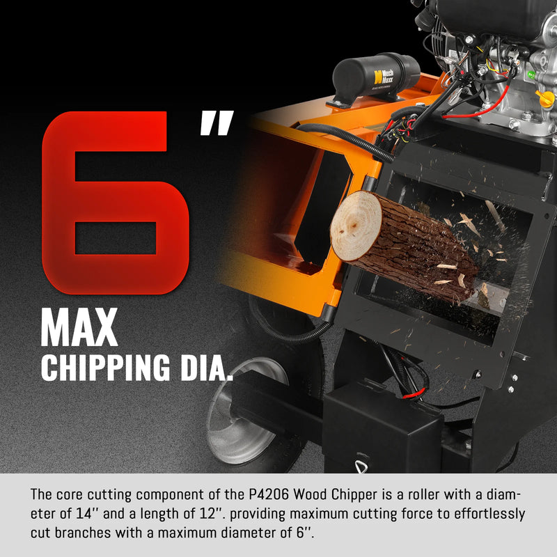 MechMaxx P4206 6-Inch Drum Wood Chipper – ZONSEN 459cc 15HP Gas Engine with Electric Start