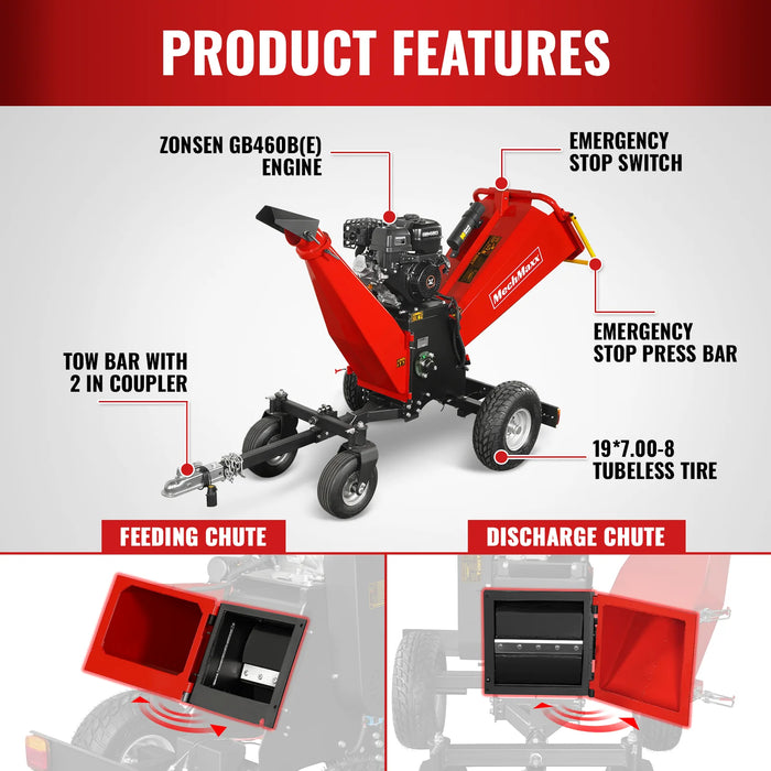MechMaxx B150 6-Inch Drum Wood Chipper – ZONSEN 459cc 15HP Gas Engine with Electric Start & Taillight