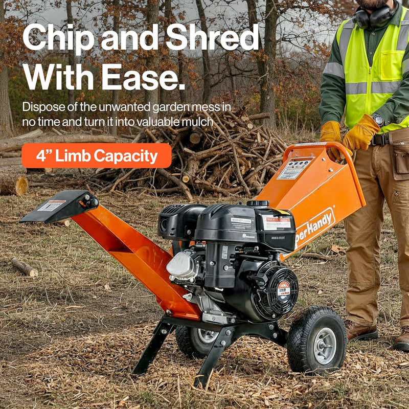 SuperHandy GUO148 4-Inch Wood Chipper Shredder Mulcher – 9HP Gas-Powered Heavy Duty Chipping Machine