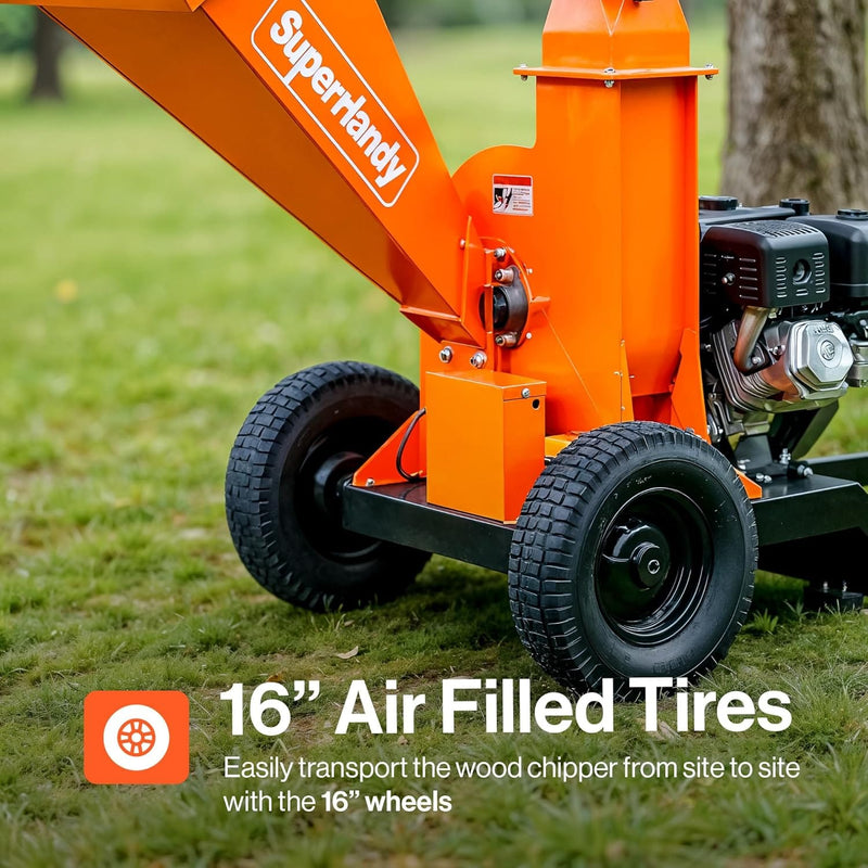 SuperHandy GUO141 Towable Wood Chipper – 4 in. Chipping Capacity, 15HP Gas Engine, 16 in. Wheels, Electric Start, Trailer-Ready with 2 in. Coupler