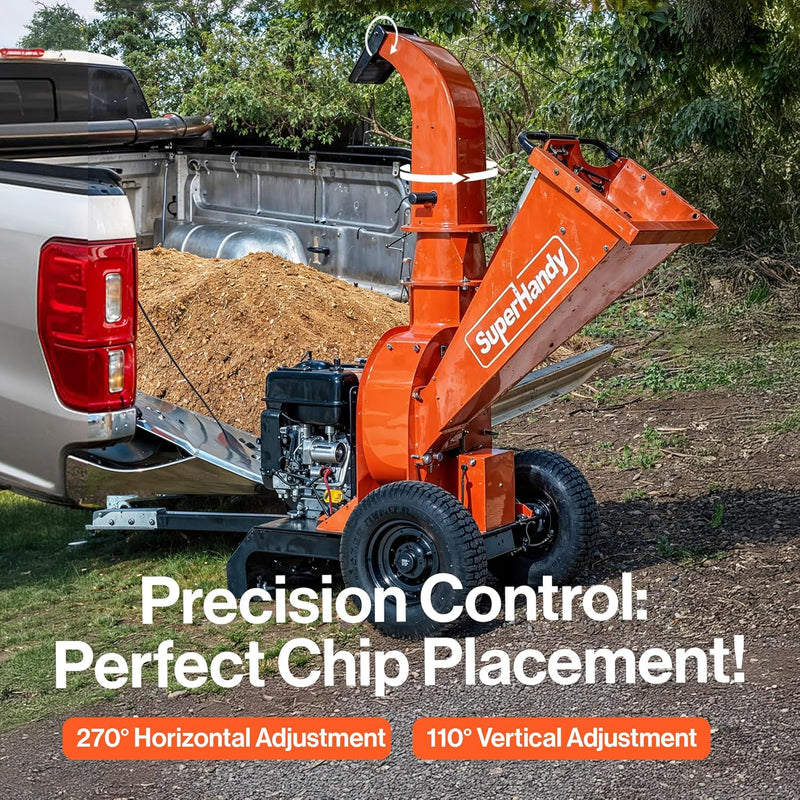 SuperHandy GUO141 Towable Wood Chipper – 4 in. Chipping Capacity, 15HP Gas Engine, 16 in. Wheels, Electric Start, Trailer-Ready with 2 in. Coupler