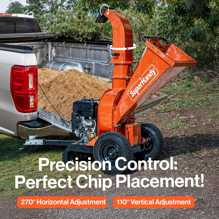 SuperHandy Towable Wood Chipper – 4 in. Chipping Capacity, 15HP Gas Engine, 13 in. Wheels, Electric Start, Trailer-Ready with 2 in. Coupler GUO141