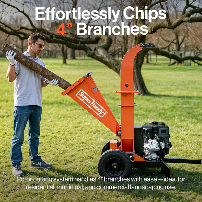 SuperHandy Towable Wood Chipper – 4 in. Chipping Capacity, 15HP Gas Engine, 13 in. Wheels, Electric Start, Trailer-Ready with 2 in. Coupler GUO141