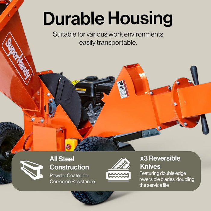 SuperHandy Towable Wood Chipper – 4 in. Chipping Capacity, 15HP Gas Engine, 13 in. Wheels, Electric Start, Trailer-Ready with 2 in. Coupler GUO141