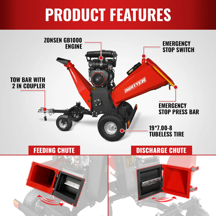 MechMaxx B200 8-Inch Drum Wood Chipper – ZONSEN 1000cc 35HP Gas Engine with Electric Start & Taillight