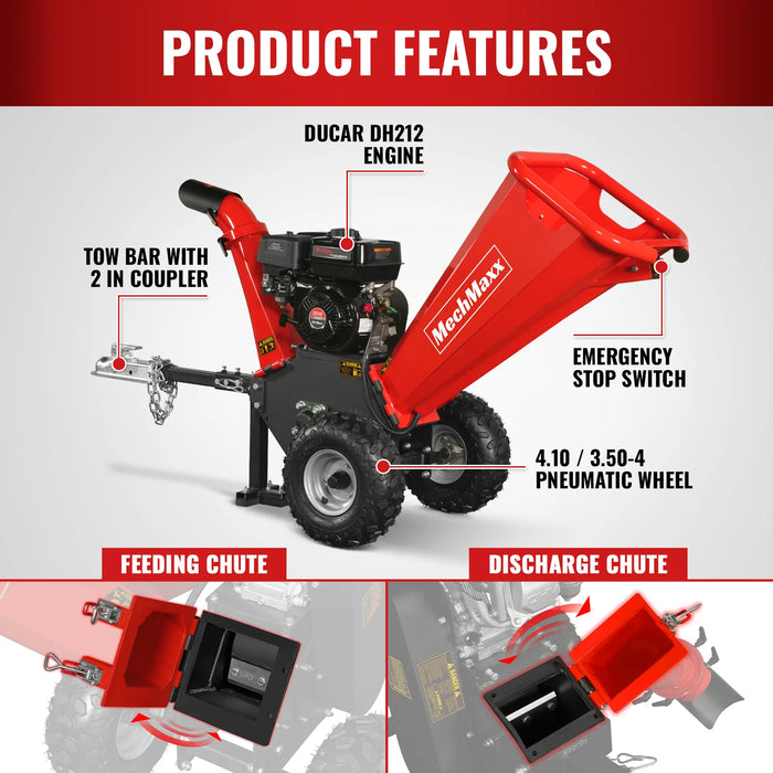 MechMaxx GS650 4-Inch Gas Wood Chipper – DUCAR 212cc 7HP Engine with Towbar