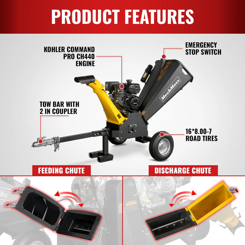 MechMaxx GS1500 5-Inch Drum Wood Chipper – KOHLER 429cc Gasoline Engine with Electric Start