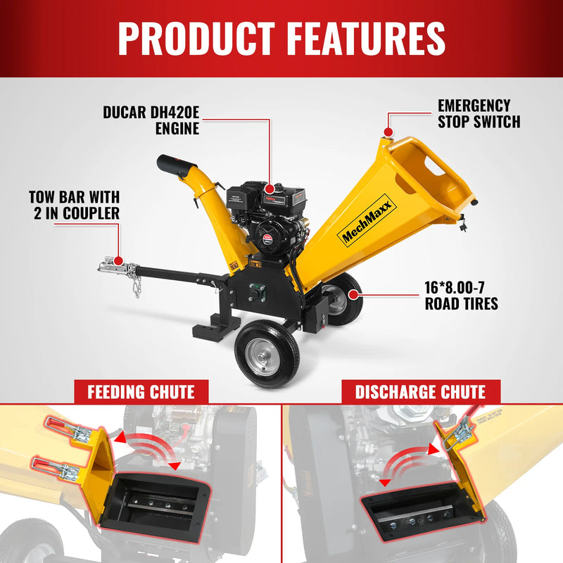 MechMaxx GS1500 5-Inch Drum Wood Chipper – DUCAR 420cc Gasoline Engine with Electric Start