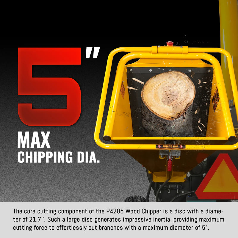 MechMaxx P4205 5-Inch Disc Wood Chipper – KOHLER Command PRO 429cc 14HP E-Start Gas Engine with Taillight & Towbar