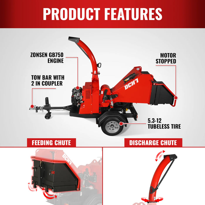 MechMaxx DCH7 7-Inch Disc Wood Chipper – ZONSEN 750cc 25HP Twin-Cylinder Petrol Engine with Hydraulic Feeding & Electric Start