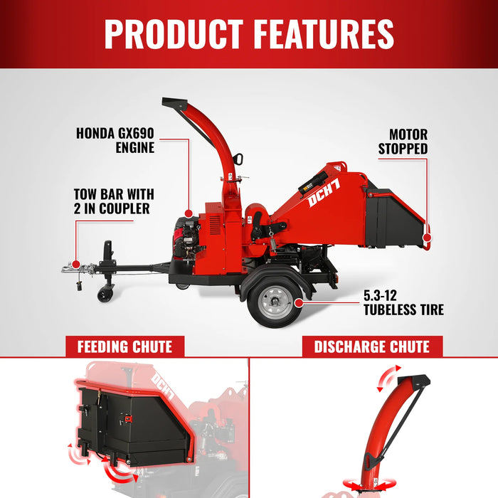 MechMaxx DCH7 7-Inch Disc Wood Chipper – HONDA GX690 688cc Gas Engine with Hydraulic Feeding & Electric Start