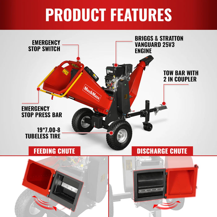 MechMaxx P4206 6-Inch Drum Wood Chipper – B&S Vanguard 408cc 14HP Gas Engine with Electric Start