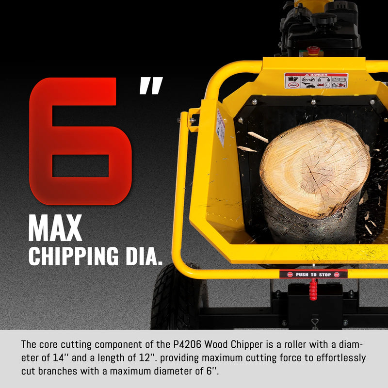 MechMaxx P4206 6-Inch Drum Wood Chipper – B&S Vanguard 408cc 14HP Gas Engine with Electric Start