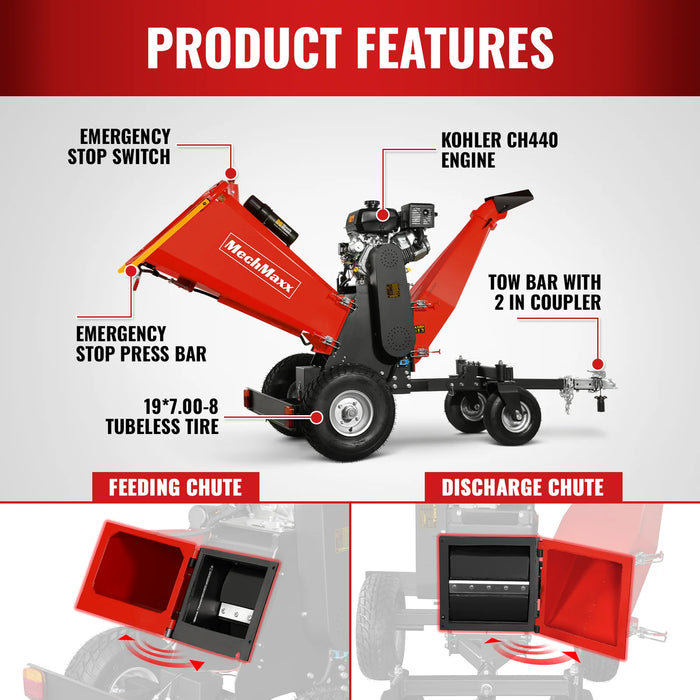 MechMaxx B150 6-Inch Drum Wood Chipper – KOHLER 429cc 14HP Gas Engine with Electric Start & Taillight