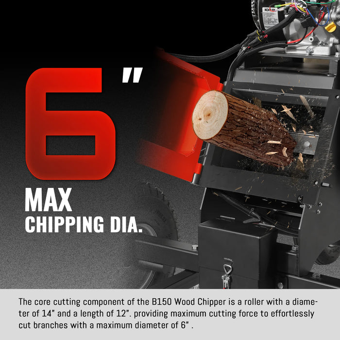MechMaxx B150 6-Inch Drum Wood Chipper – KOHLER 429cc 14HP Gas Engine with Electric Start & Taillight