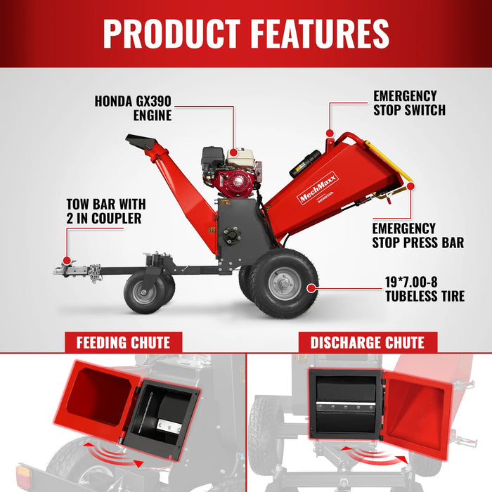 MechMaxx B150 6-Inch Drum Wood Chipper – Honda GX390 Gas Engine with Electric Start & Taillight